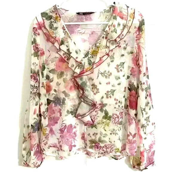 Zara Small Womens Blouse  Floral Ruffle V-Neck Long Sleeve Multicolor - Picture 2 of 8